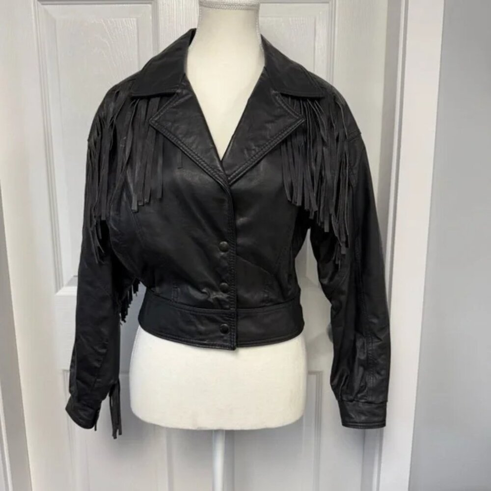 Vintage Marquis Genuine Leather Fringe Black Jacket Size 6 Small